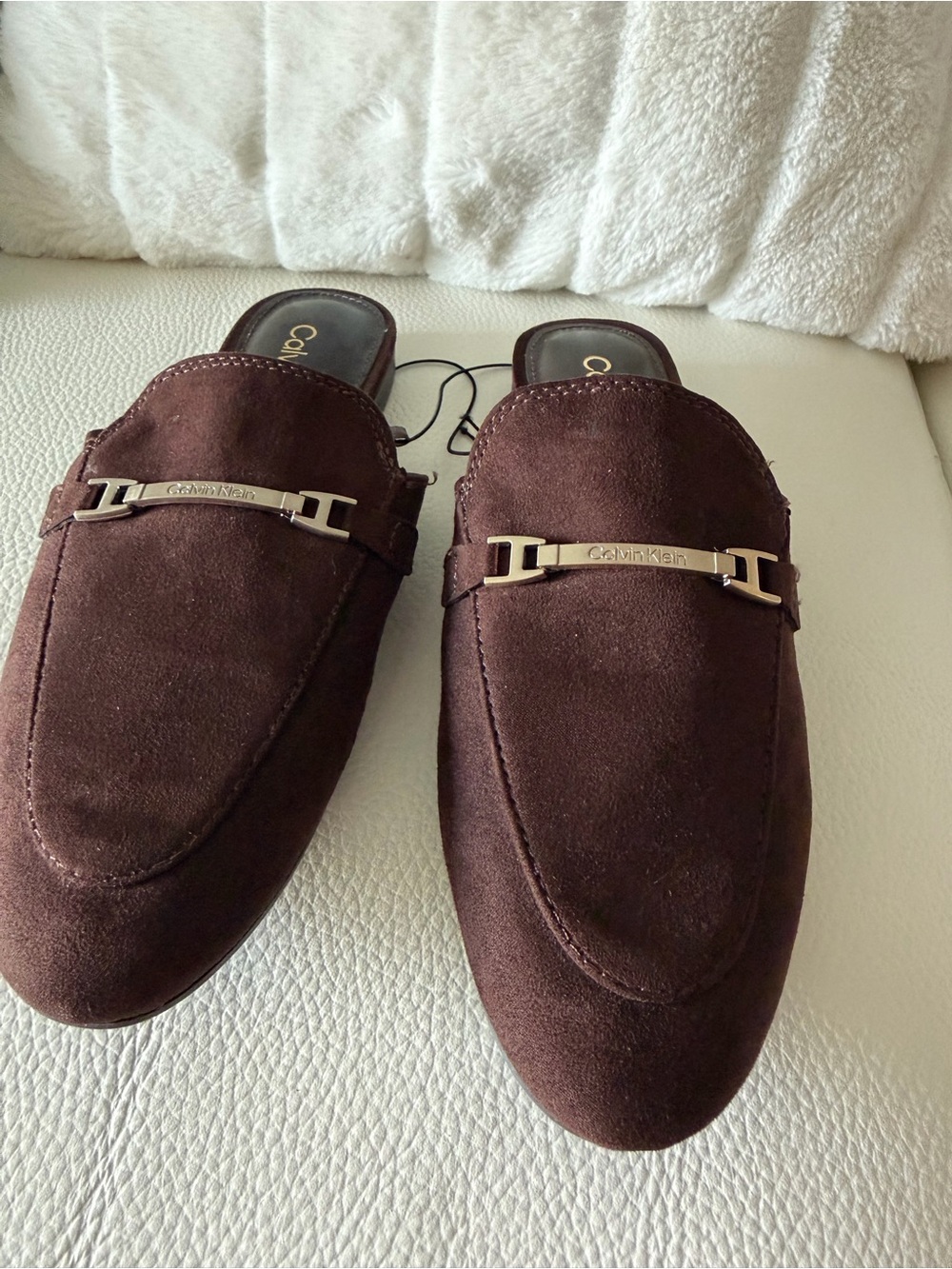 New Calvin Klein Men’s Dark Brown Suede Slip-On Loafers with Metal Bit size 6